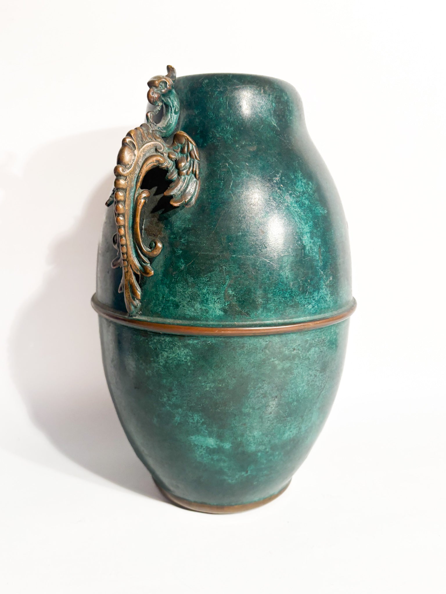 Vaso Ansato in Rame Verde Smaltato Anni 30