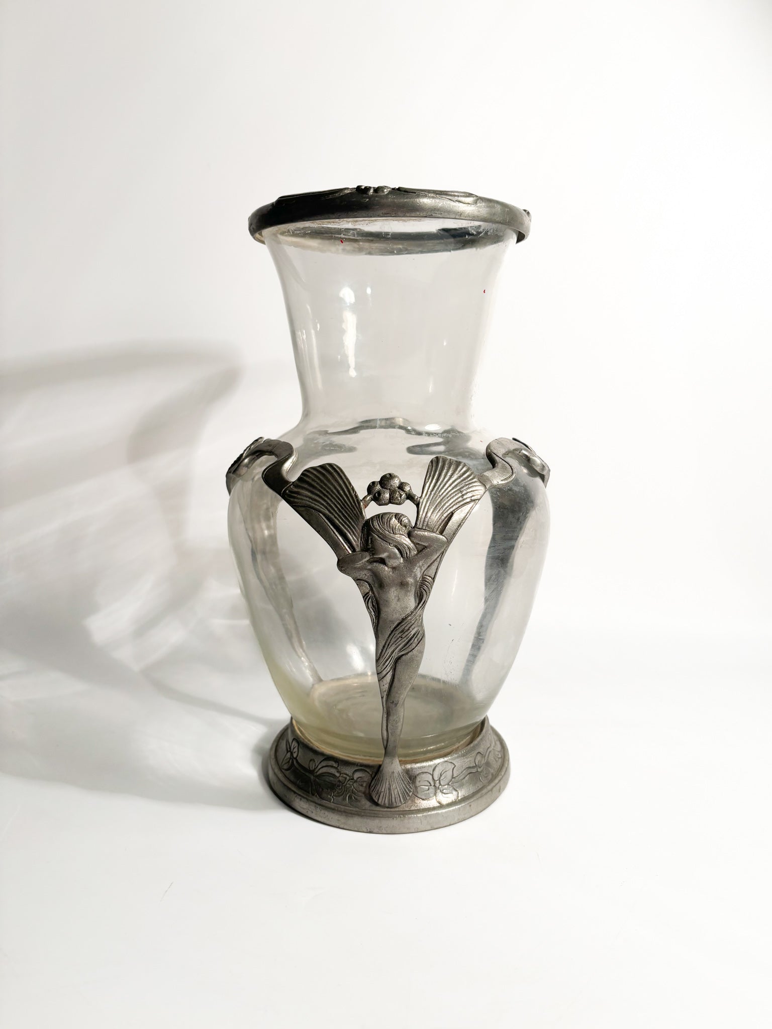 Art Nouveau Vase in Transparent Glass and Sculpted Pewter from the Early Twentieth Century