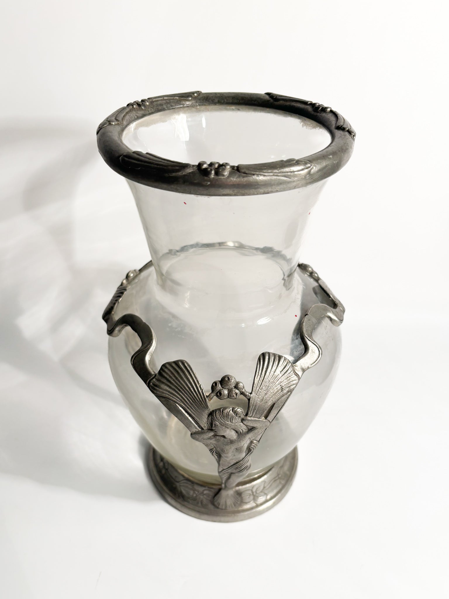 Art Nouveau Vase in Transparent Glass and Sculpted Pewter from the Early Twentieth Century