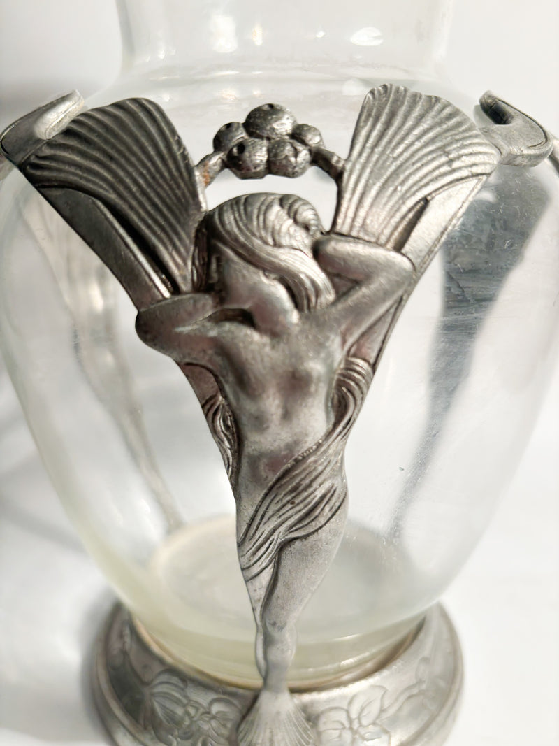 Art Nouveau Vase in Transparent Glass and Sculpted Pewter from the Early Twentieth Century