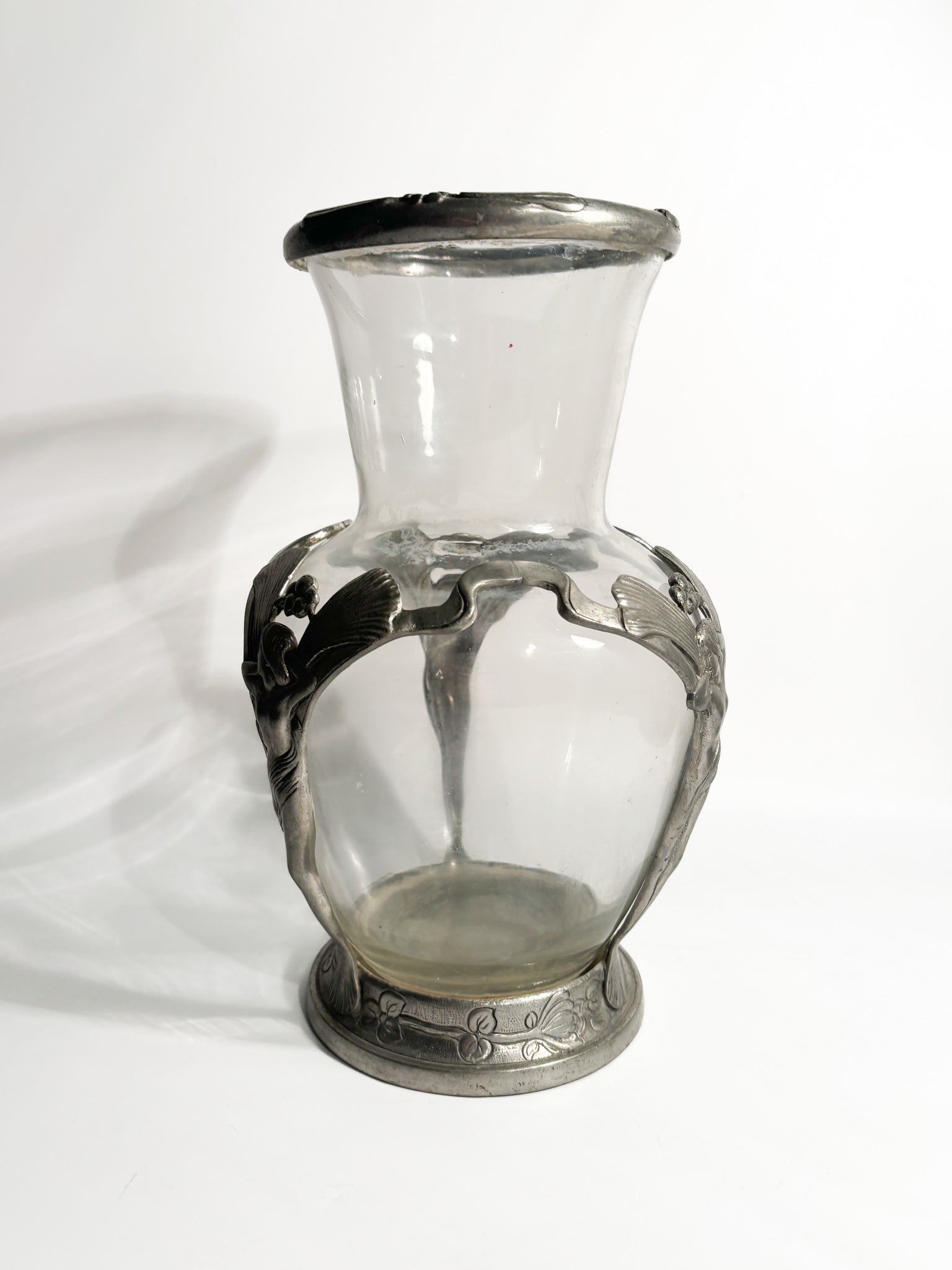 Art Nouveau Vase in Transparent Glass and Sculpted Pewter from the Early Twentieth Century