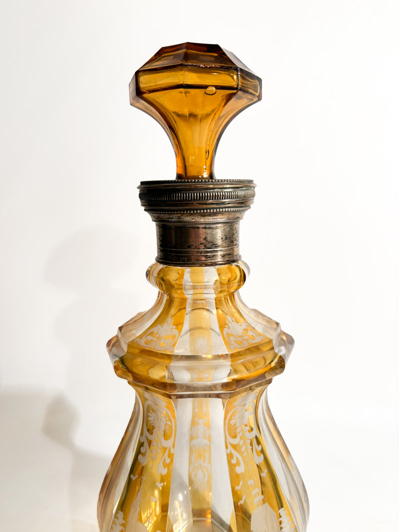 Bottiglia in Cristallo Biedermeier Arancione e Argento del 1800