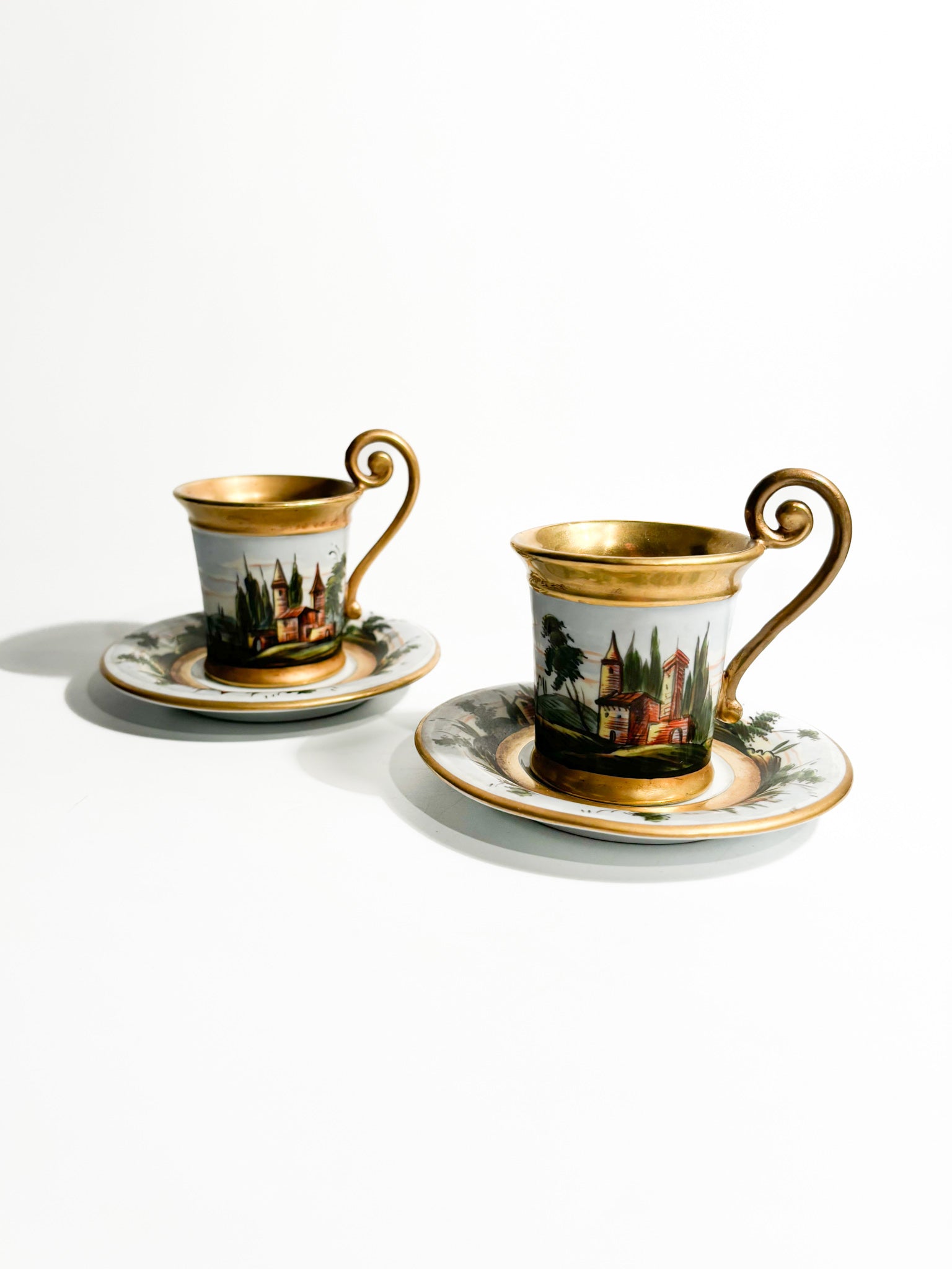 Pair of Hand-painted and Capodimonte Cups with 1940s Gilding