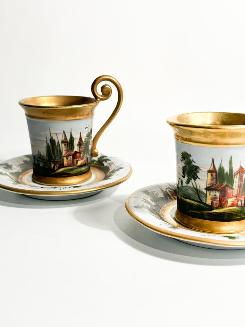 Pair of Hand-painted and Capodimonte Cups with 1940s Gilding