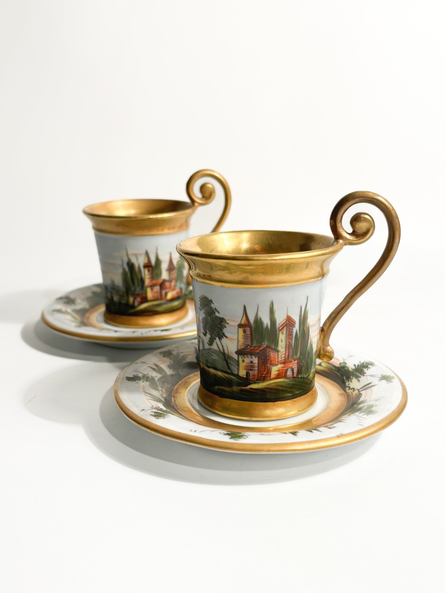 Pair of Hand-painted and Capodimonte Cups with 1940s Gilding