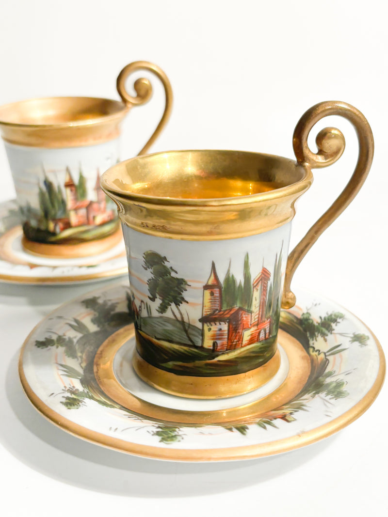 Pair of Hand-painted and Capodimonte Cups with 1940s Gilding