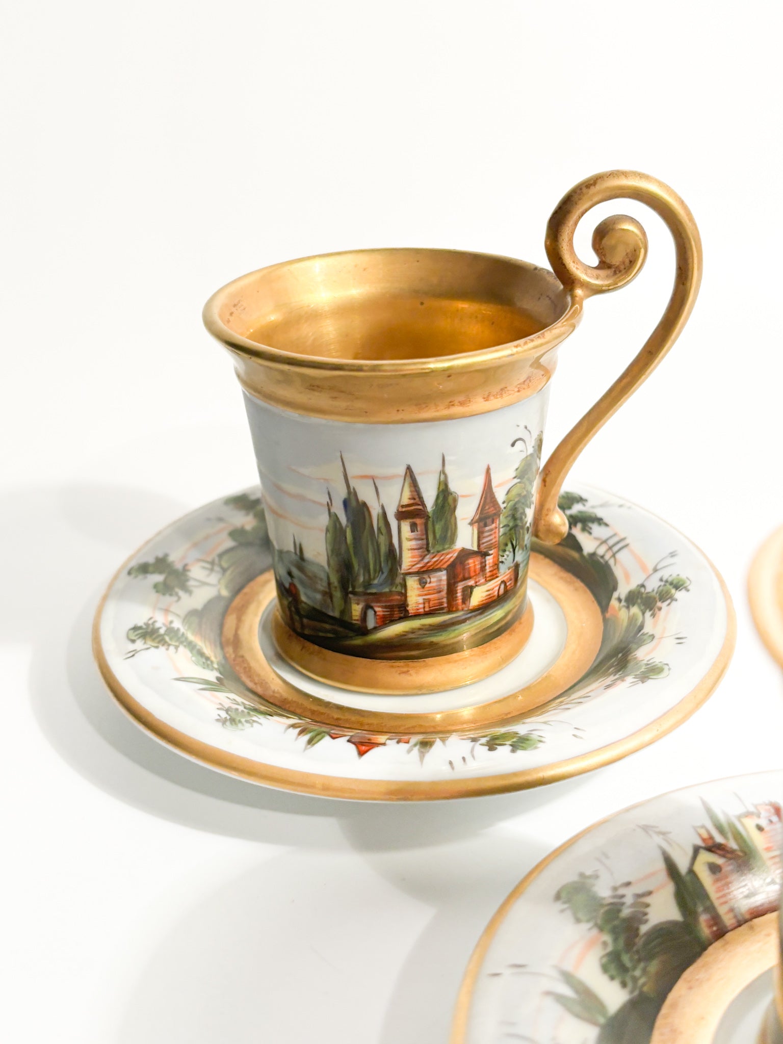 Pair of Hand-painted and Capodimonte Cups with 1940s Gilding