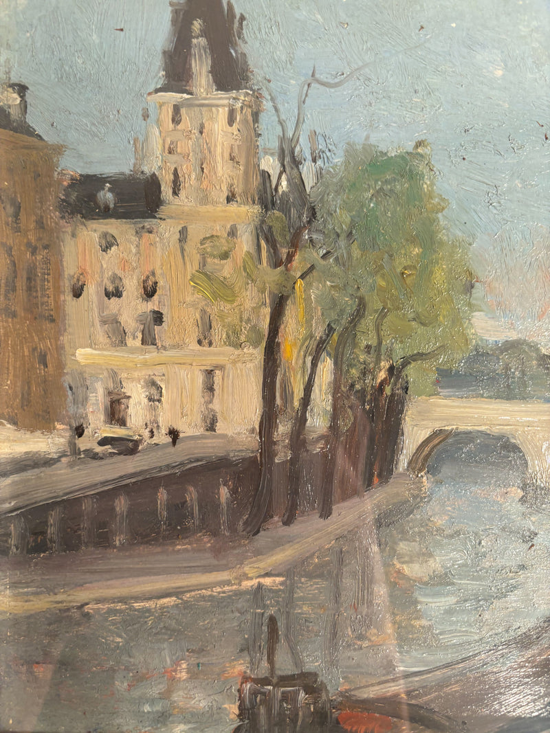 Oil painting of Parisian Landscape with Seine by Ugo Vittore Bartolini from 1951