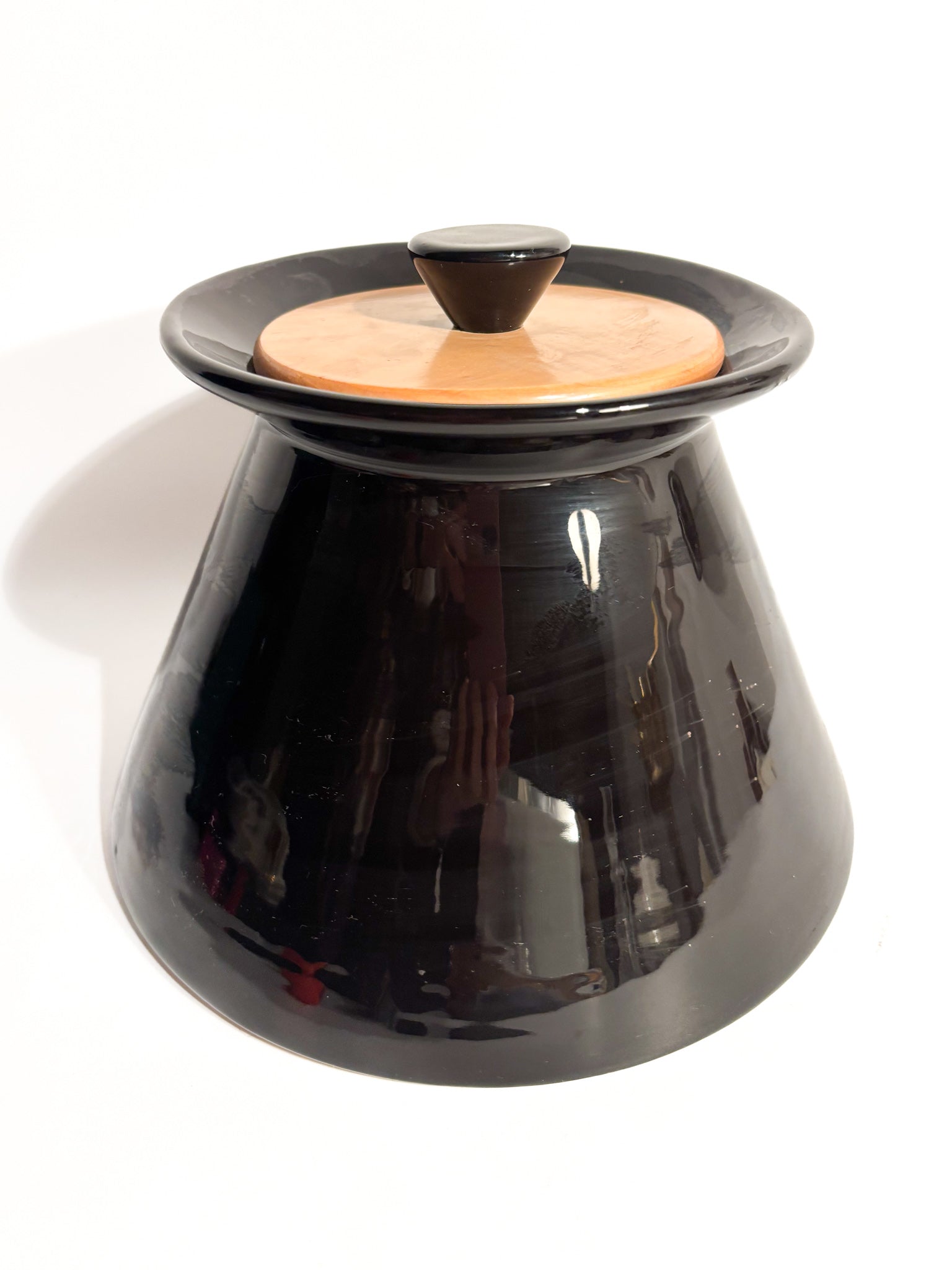 Vaso Biscottiera in Ceramica Nera e Legno di Rometti Anni 60