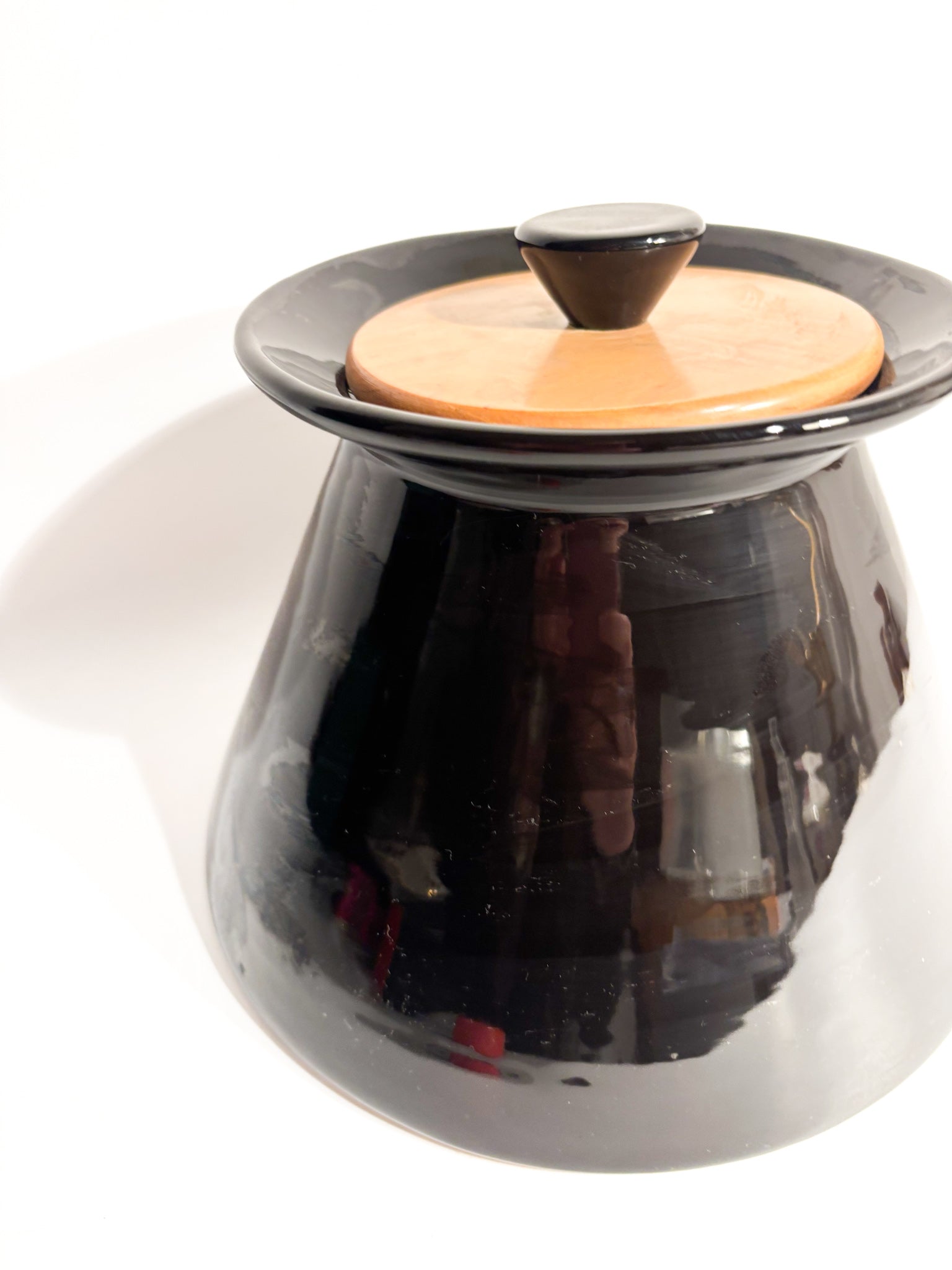 Vaso Biscottiera in Ceramica Nera e Legno di Rometti Anni 60