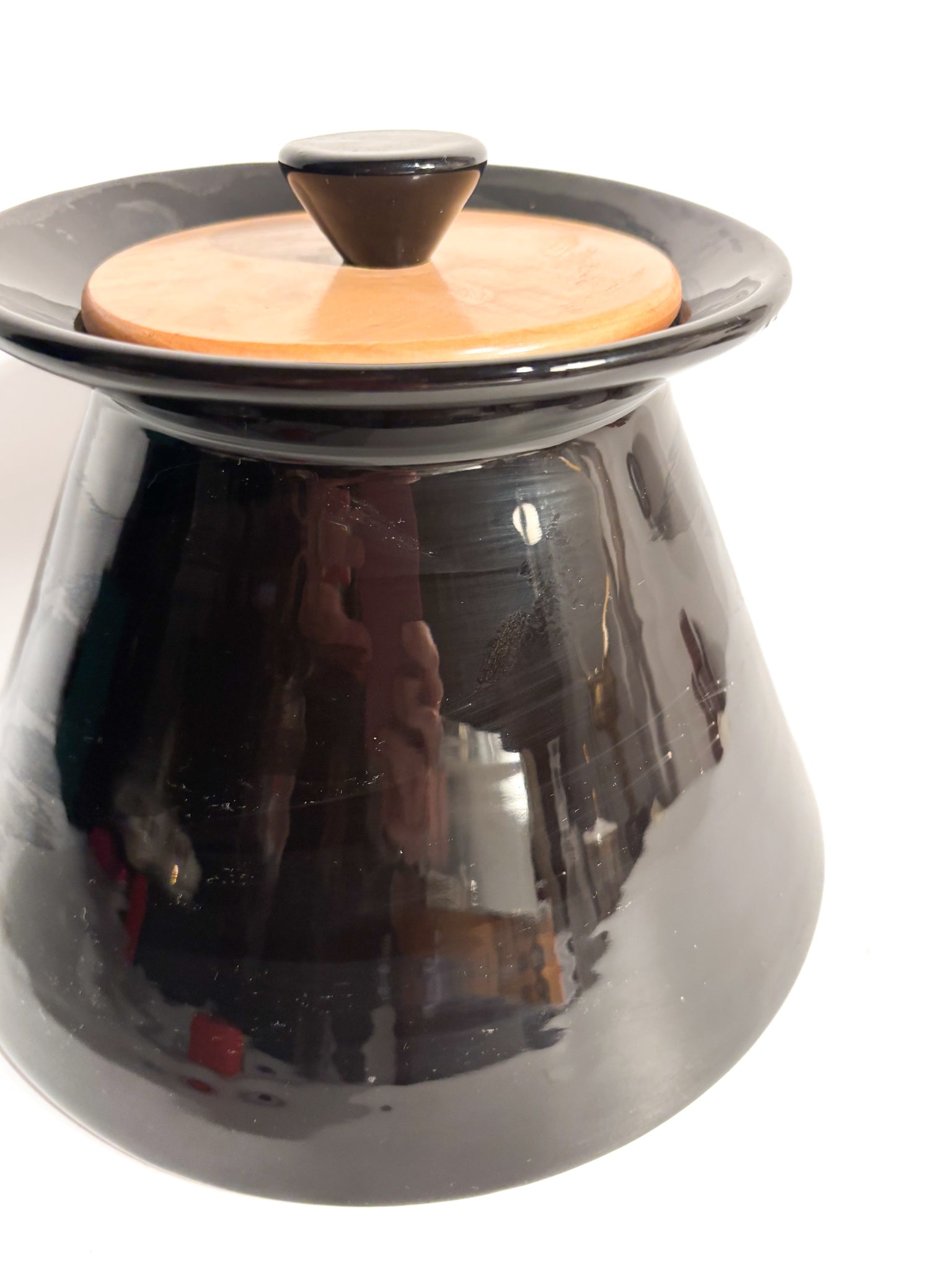 Vaso Biscottiera in Ceramica Nera e Legno di Rometti Anni 60