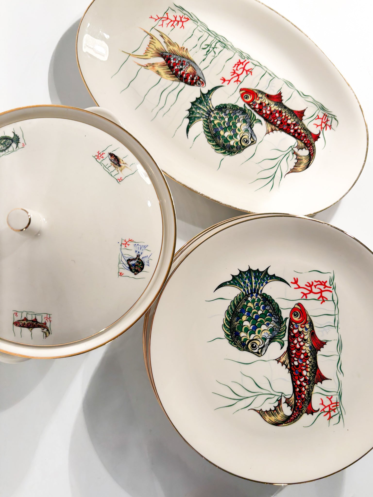 Service of Six Plates and Fish Soup Tureen in Bavarian Ceramic 80s