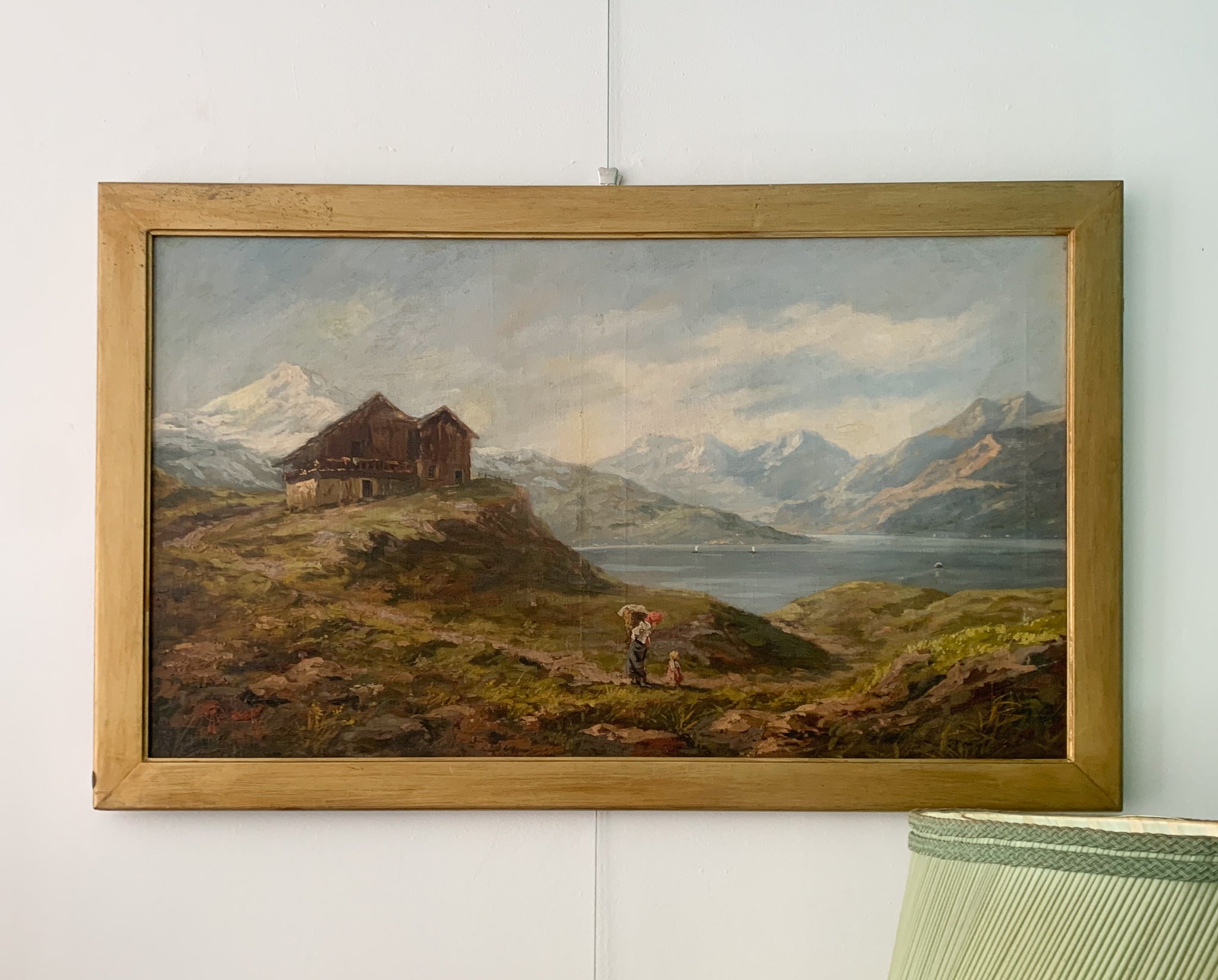 Oil painting on canvas of a lake landscape by Adolfo Polaroli from the 1920s