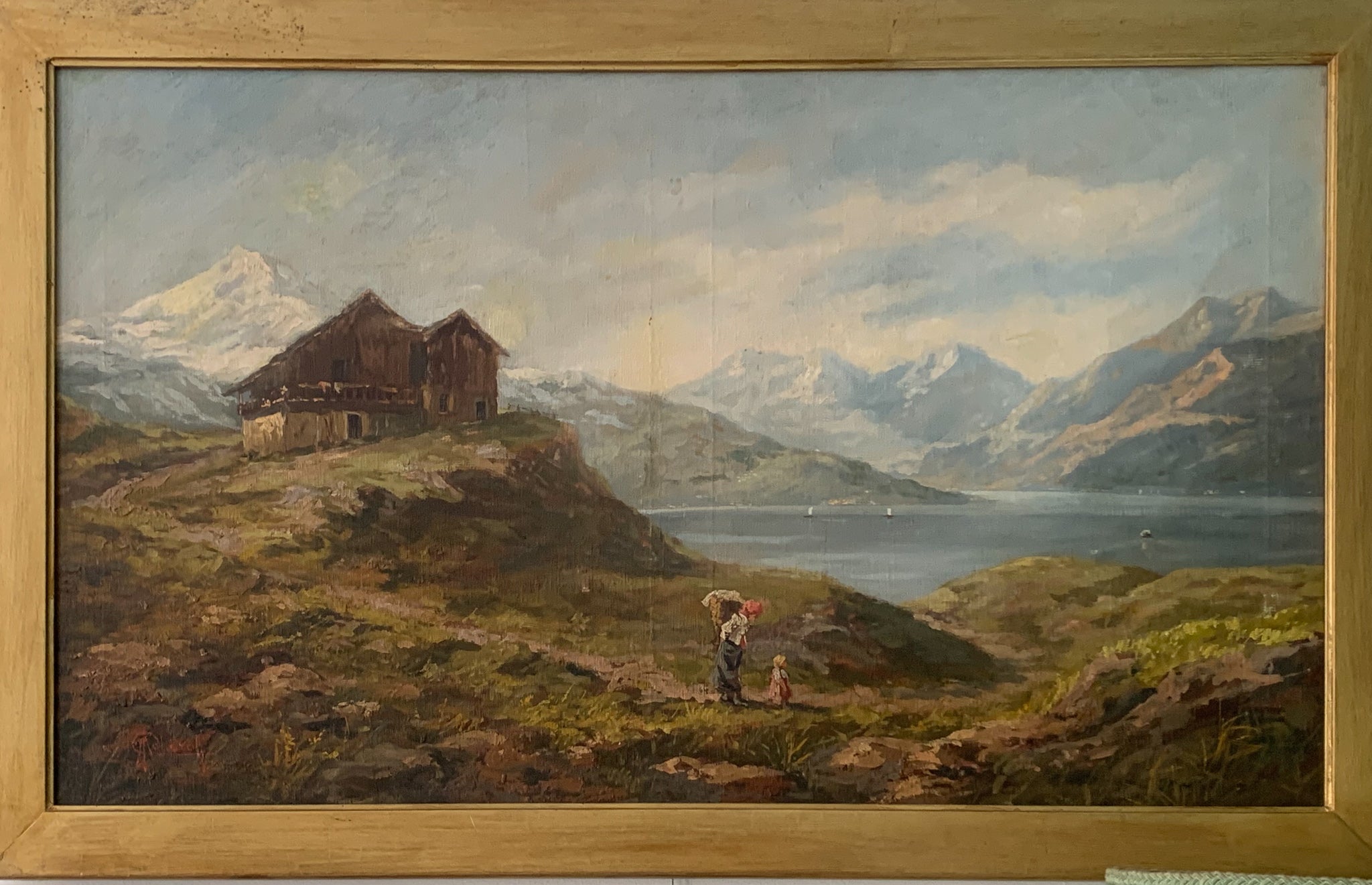 Oil painting on canvas of a lake landscape by Adolfo Polaroli from the 1920s