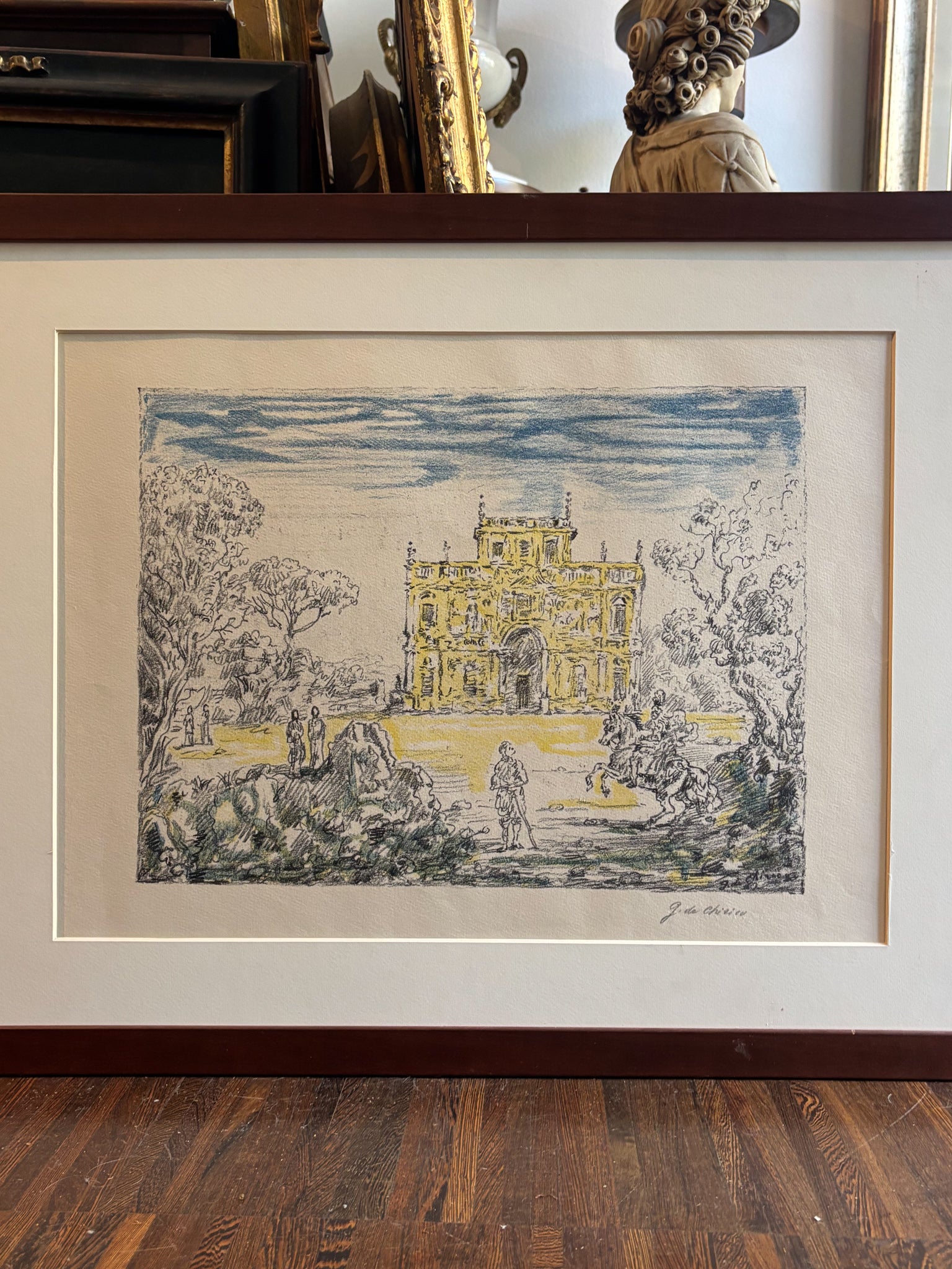 Litografia Originale a Colori 'Antichi Cavalieri e Villa' di Giorgio De Chirico del 1954