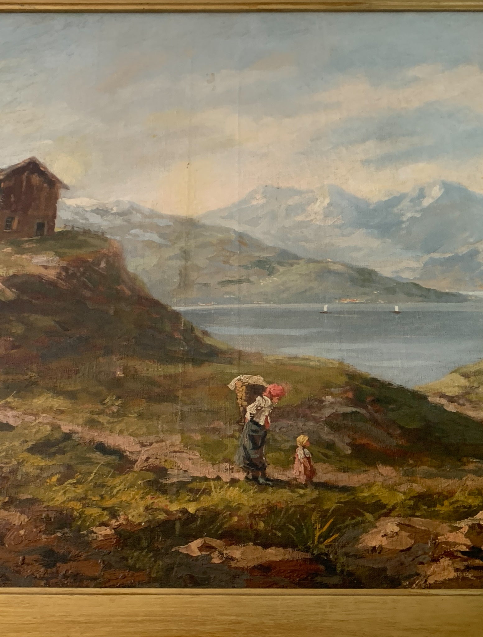 Oil painting on canvas of a lake landscape by Adolfo Polaroli from the 1920s