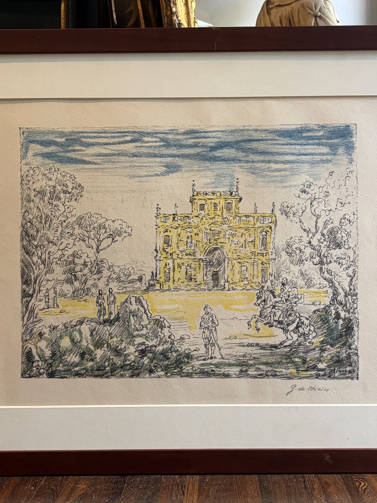 Litografia Originale a Colori 'Antichi Cavalieri e Villa' di Giorgio De Chirico del 1954