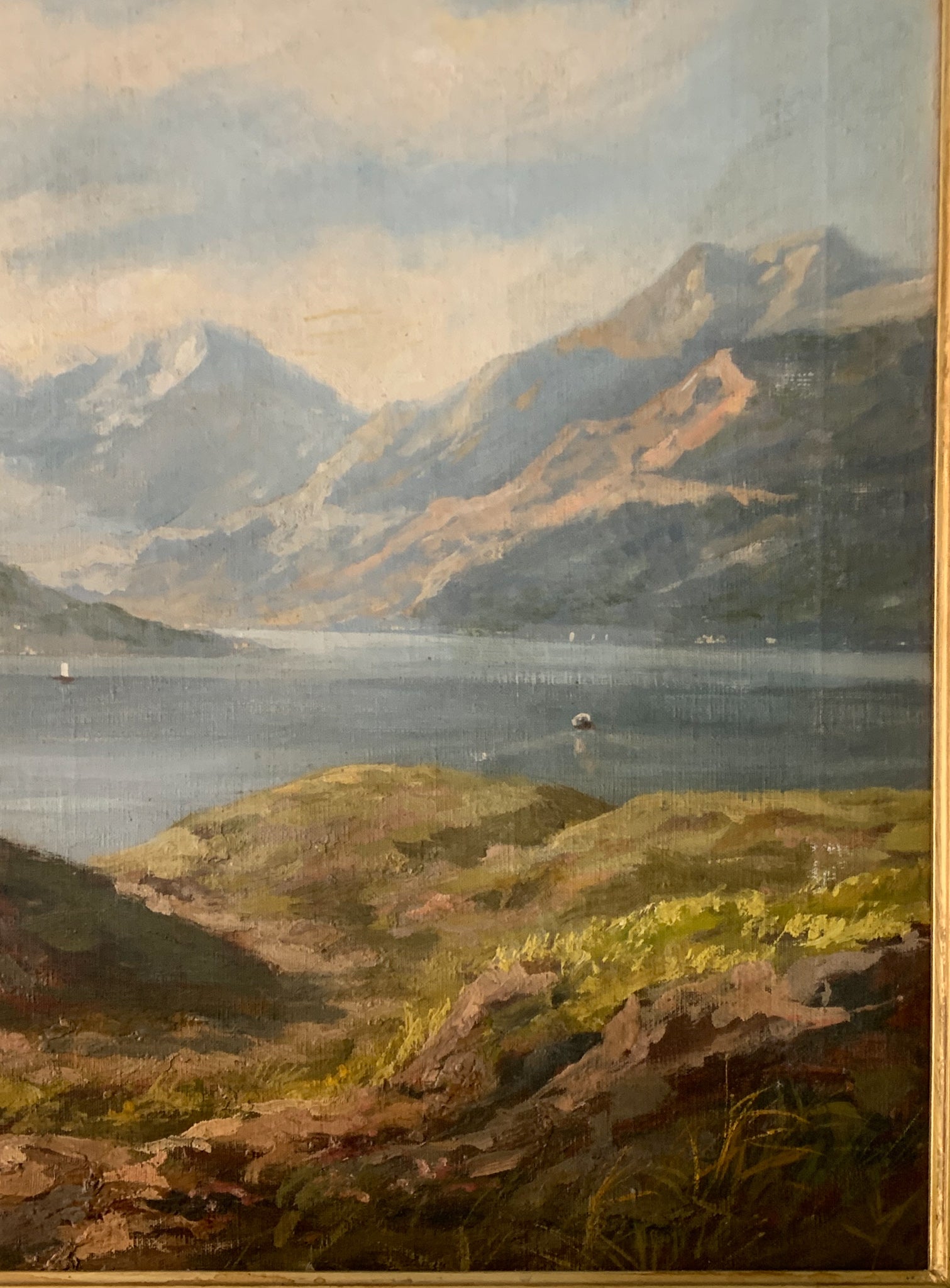 Oil painting on canvas of a lake landscape by Adolfo Polaroli from the 1920s