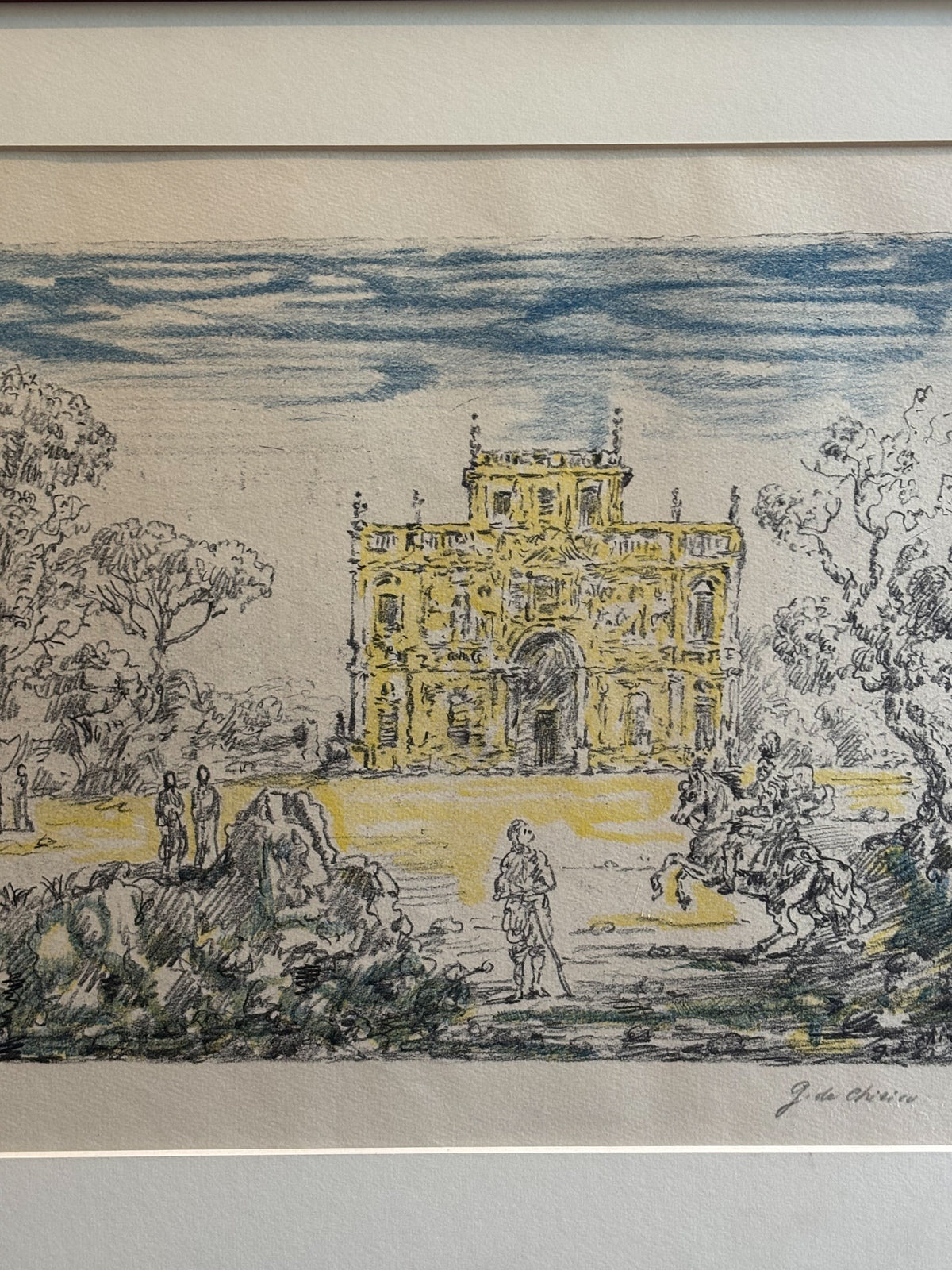 Litografia Originale a Colori 'Antichi Cavalieri e Villa' di Giorgio De Chirico del 1954