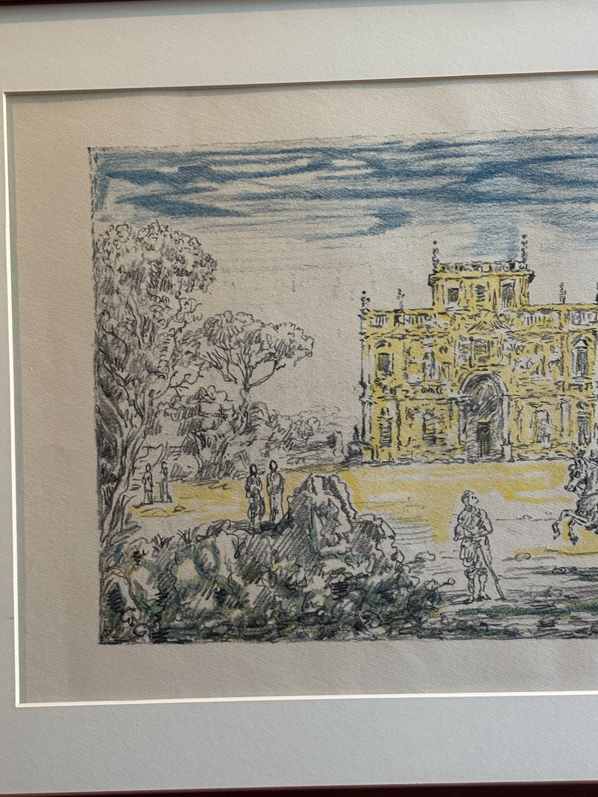 Litografia Originale a Colori 'Antichi Cavalieri e Villa' di Giorgio De Chirico del 1954