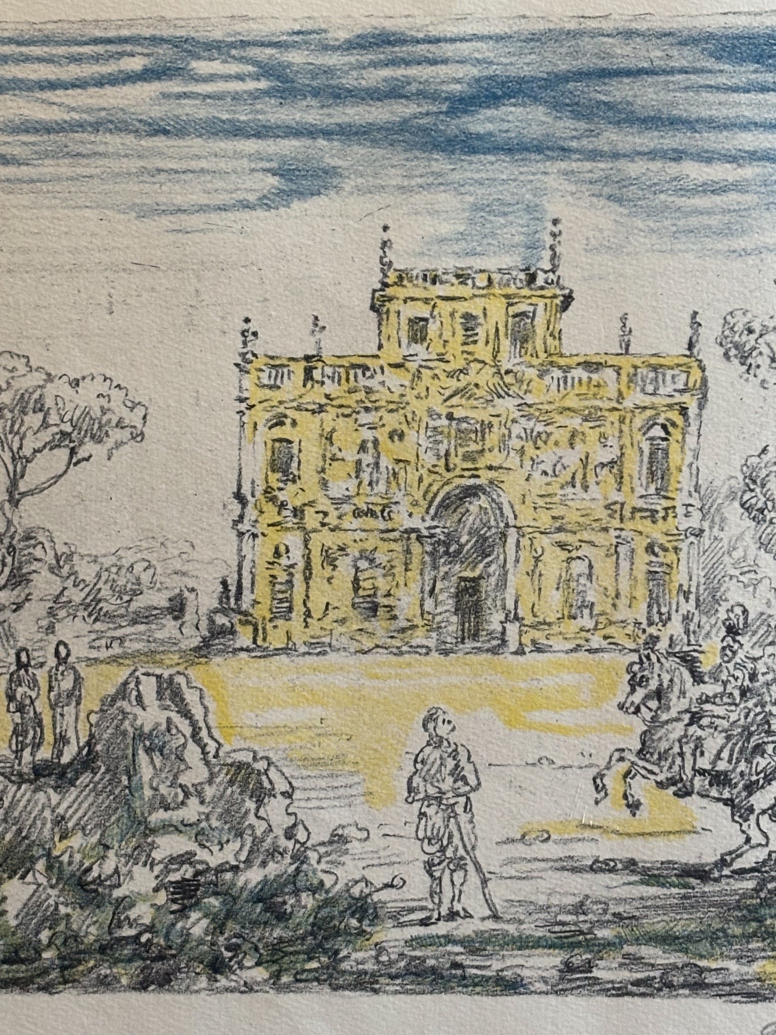 Litografia Originale a Colori 'Antichi Cavalieri e Villa' di Giorgio De Chirico del 1954