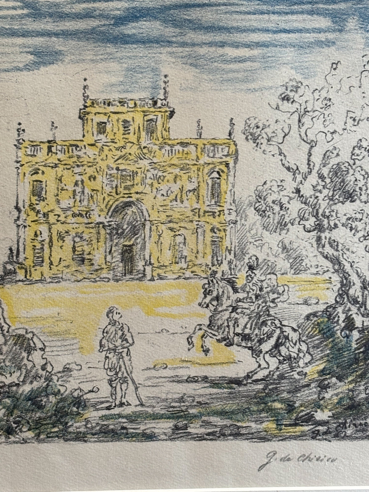 Litografia Originale a Colori 'Antichi Cavalieri e Villa' di Giorgio De Chirico del 1954