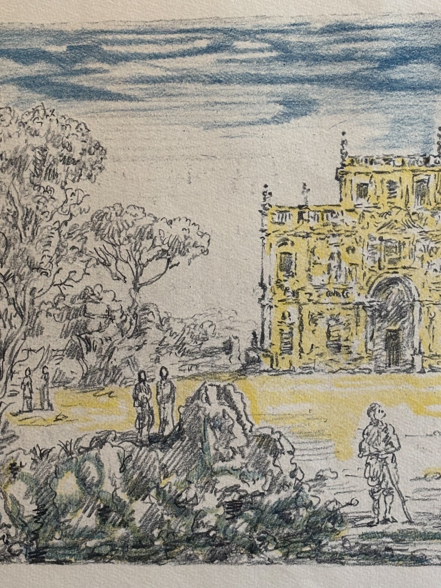 Litografia Originale a Colori 'Antichi Cavalieri e Villa' di Giorgio De Chirico del 1954