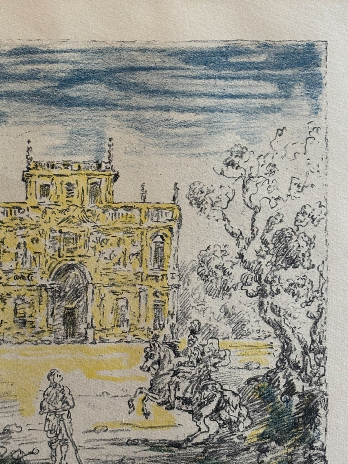 Litografia Originale a Colori 'Antichi Cavalieri e Villa' di Giorgio De Chirico del 1954