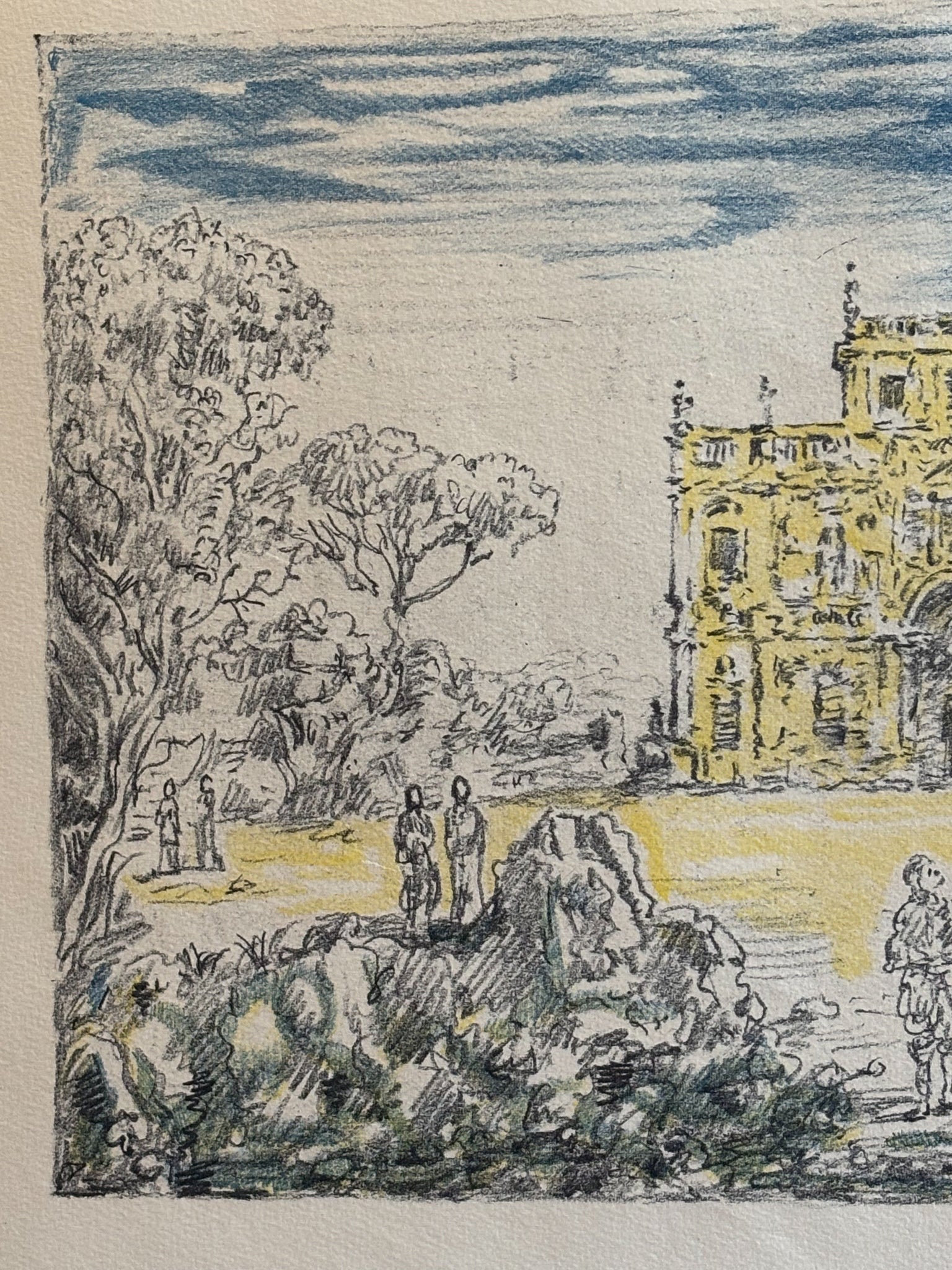 Litografia Originale a Colori 'Antichi Cavalieri e Villa' di Giorgio De Chirico del 1954