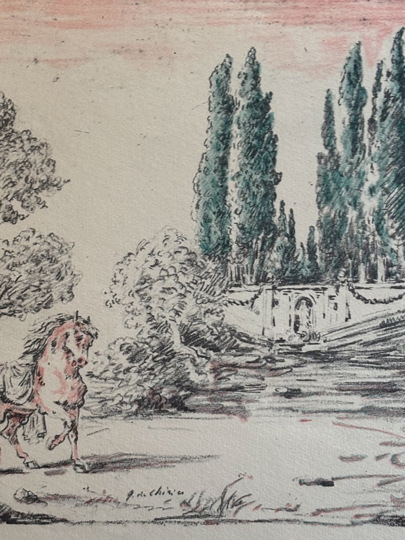 Litografia Originale a Colori 'Cavallo a Villa Falconieri' di Giorgio De Chirico del 1954