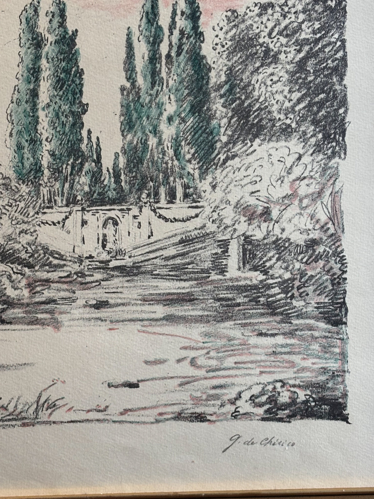 Litografia Originale a Colori 'Cavallo a Villa Falconieri' di Giorgio De Chirico del 1954