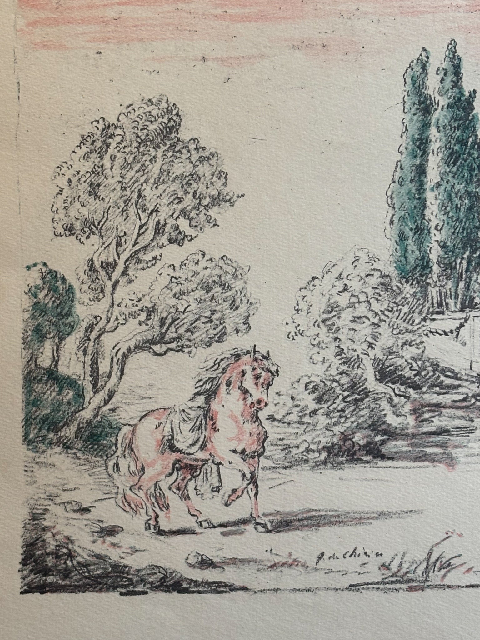 Litografia Originale a Colori 'Cavallo a Villa Falconieri' di Giorgio De Chirico del 1954