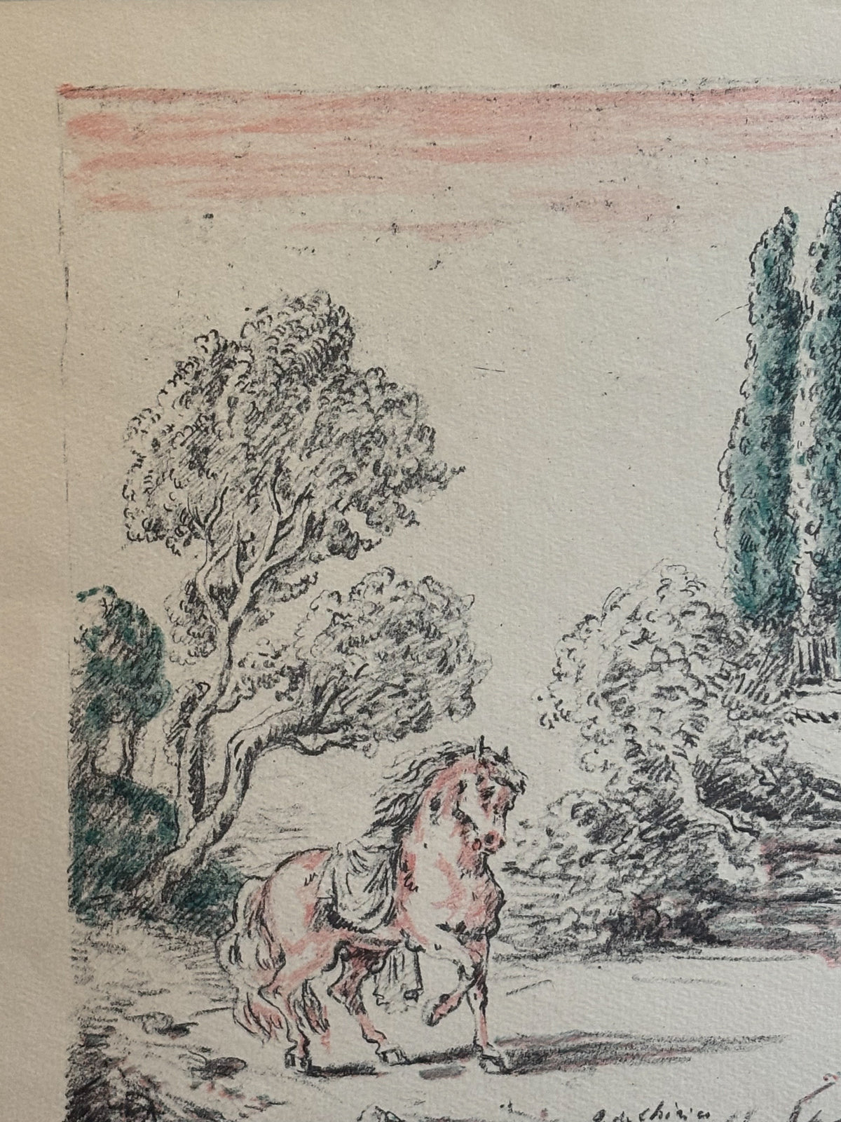 Litografia Originale a Colori 'Cavallo a Villa Falconieri' di Giorgio De Chirico del 1954
