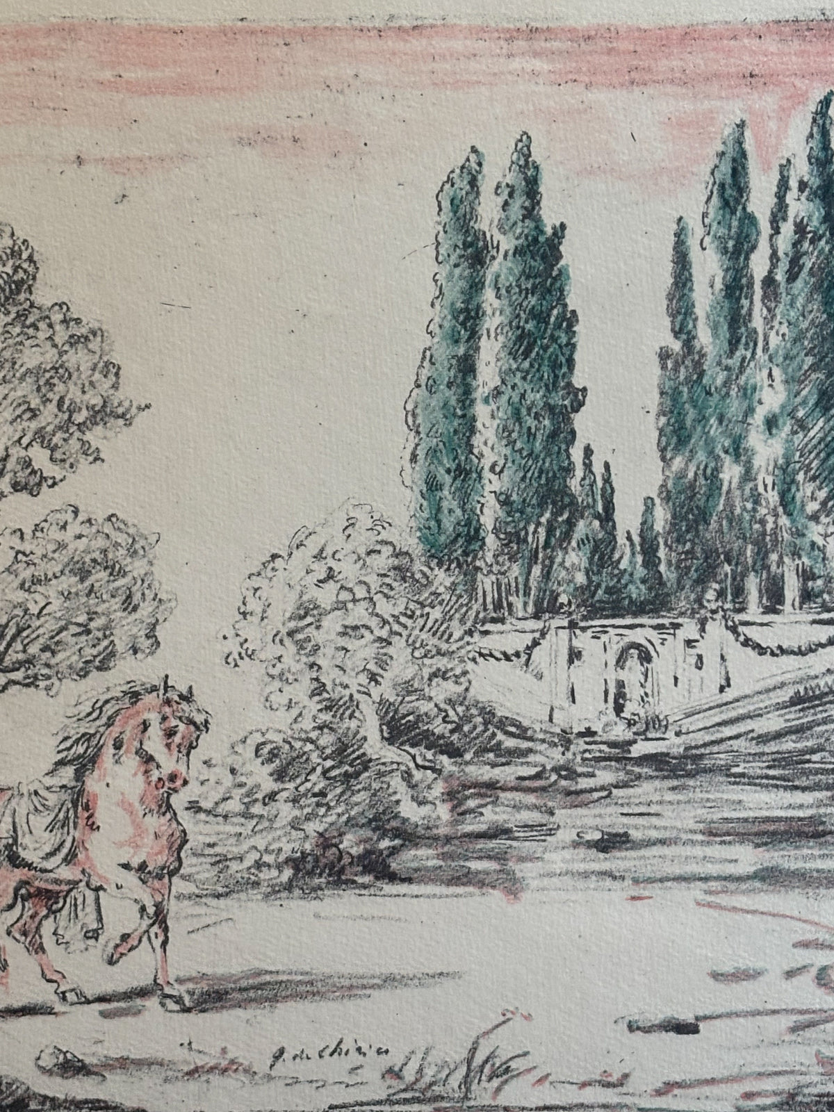 Litografia Originale a Colori 'Cavallo a Villa Falconieri' di Giorgio De Chirico del 1954
