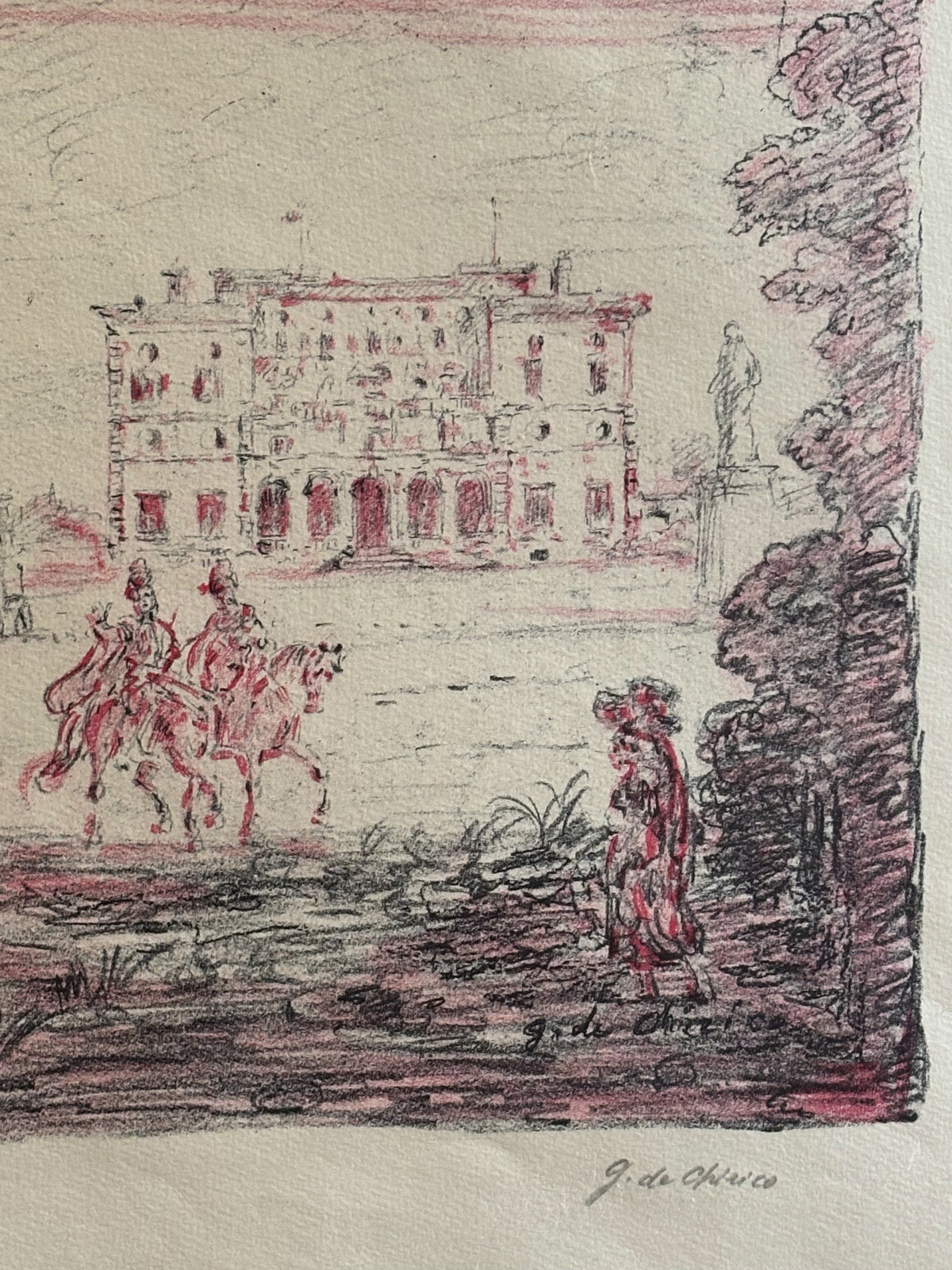 Litografia Originale a Colori 'Cavalieri Antichi' di Giorgio De Chirico del 1954