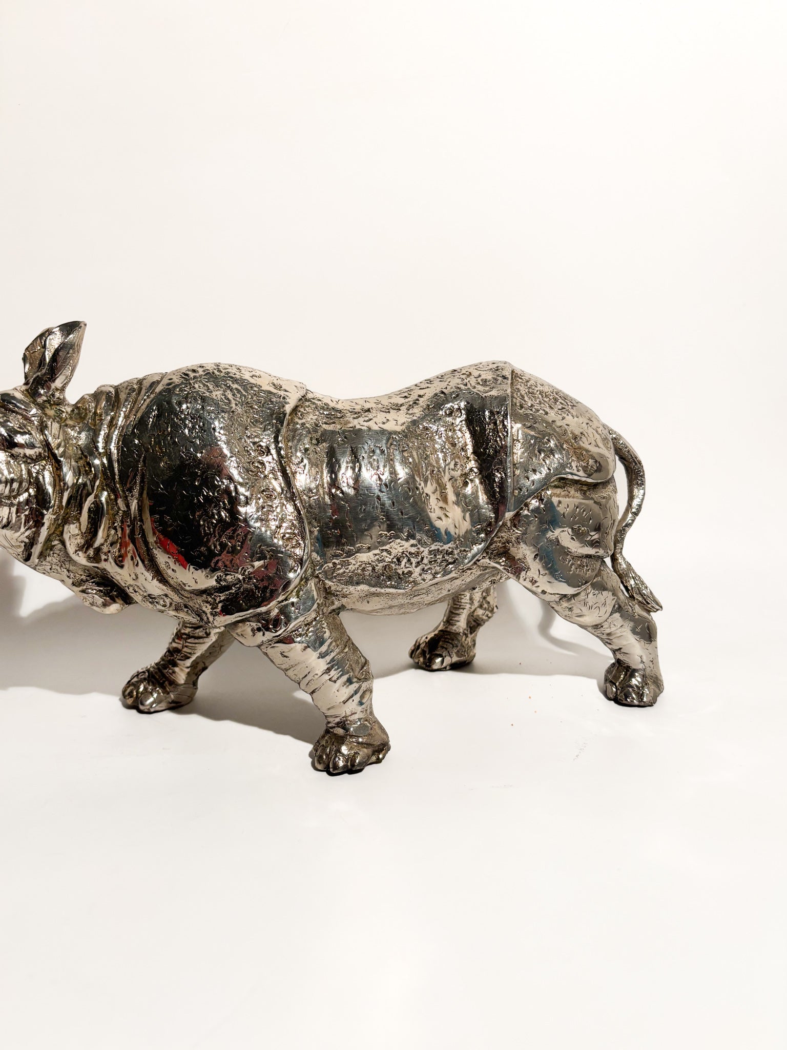 Silvered Metal Rhinoceros Sculpture 80s
