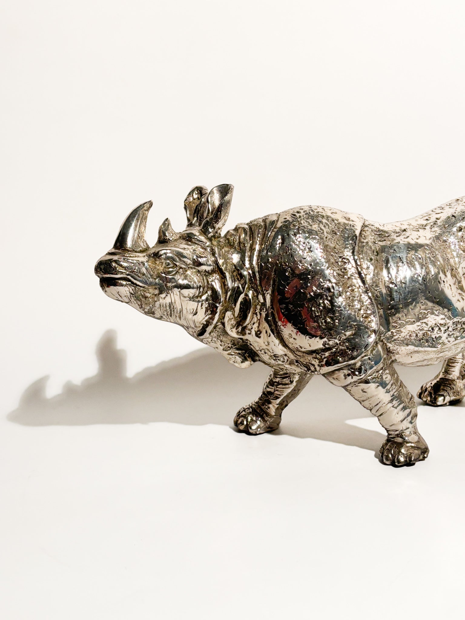 Silvered Metal Rhinoceros Sculpture 80s
