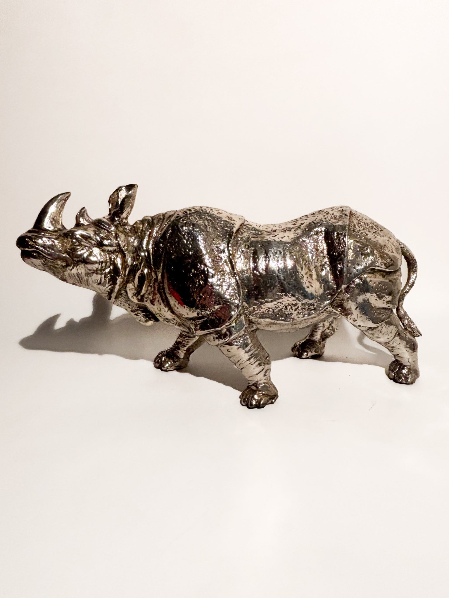 Silvered Metal Rhinoceros Sculpture 80s