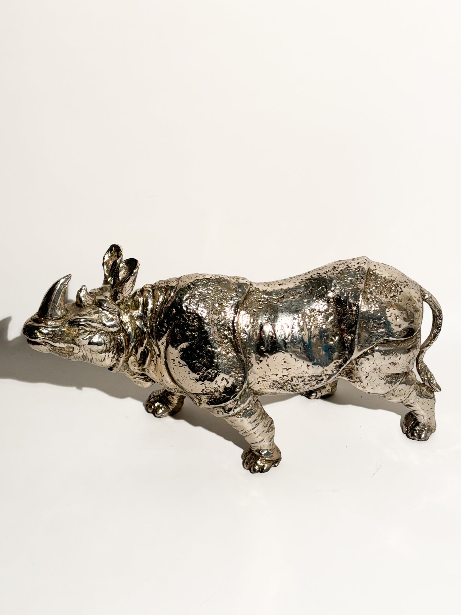 Silvered Metal Rhinoceros Sculpture 80s