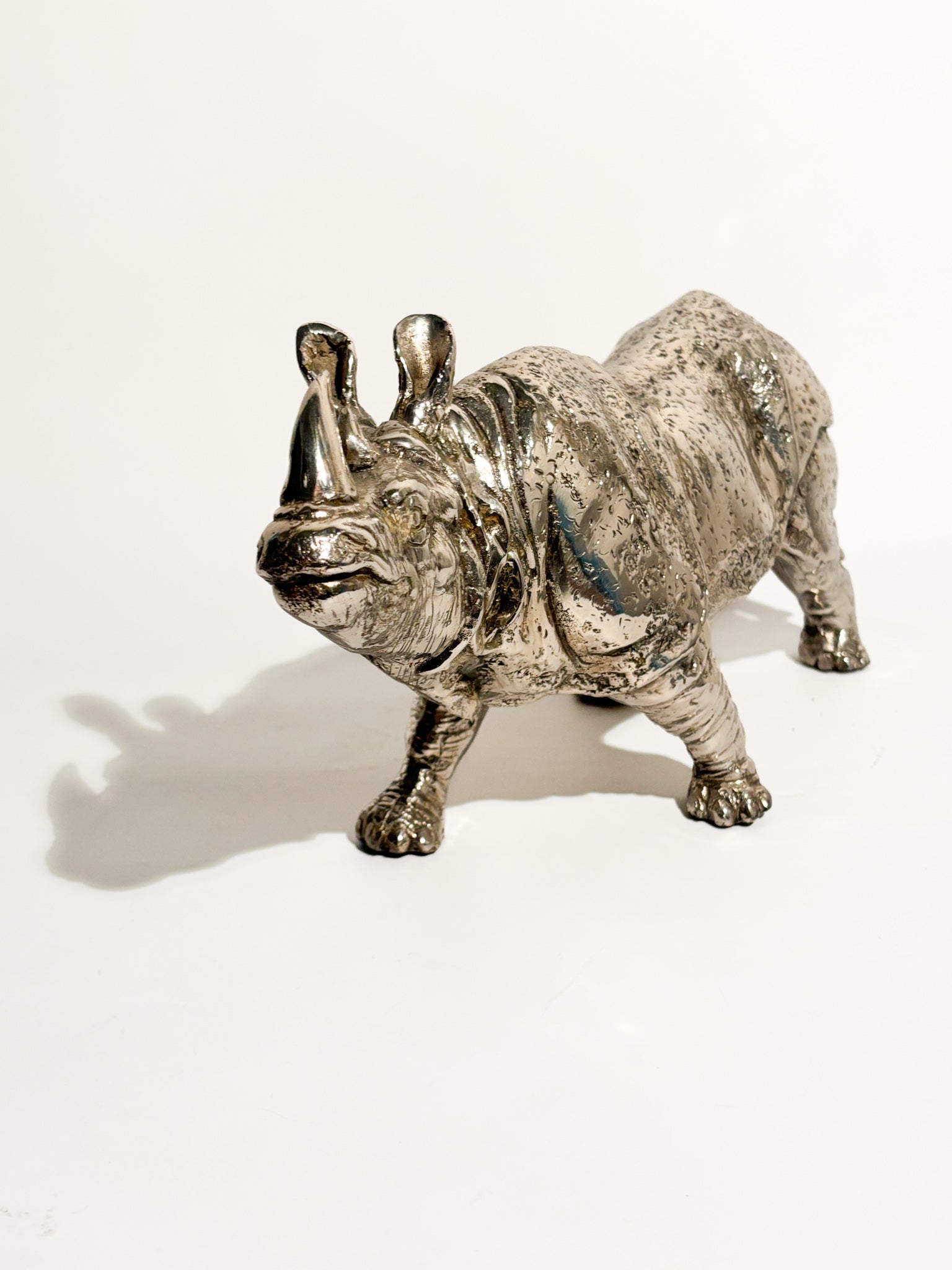 Silvered Metal Rhinoceros Sculpture 80s