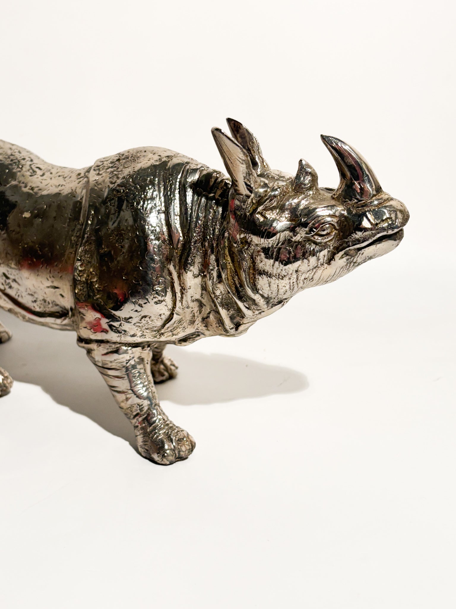 Silvered Metal Rhinoceros Sculpture 80s