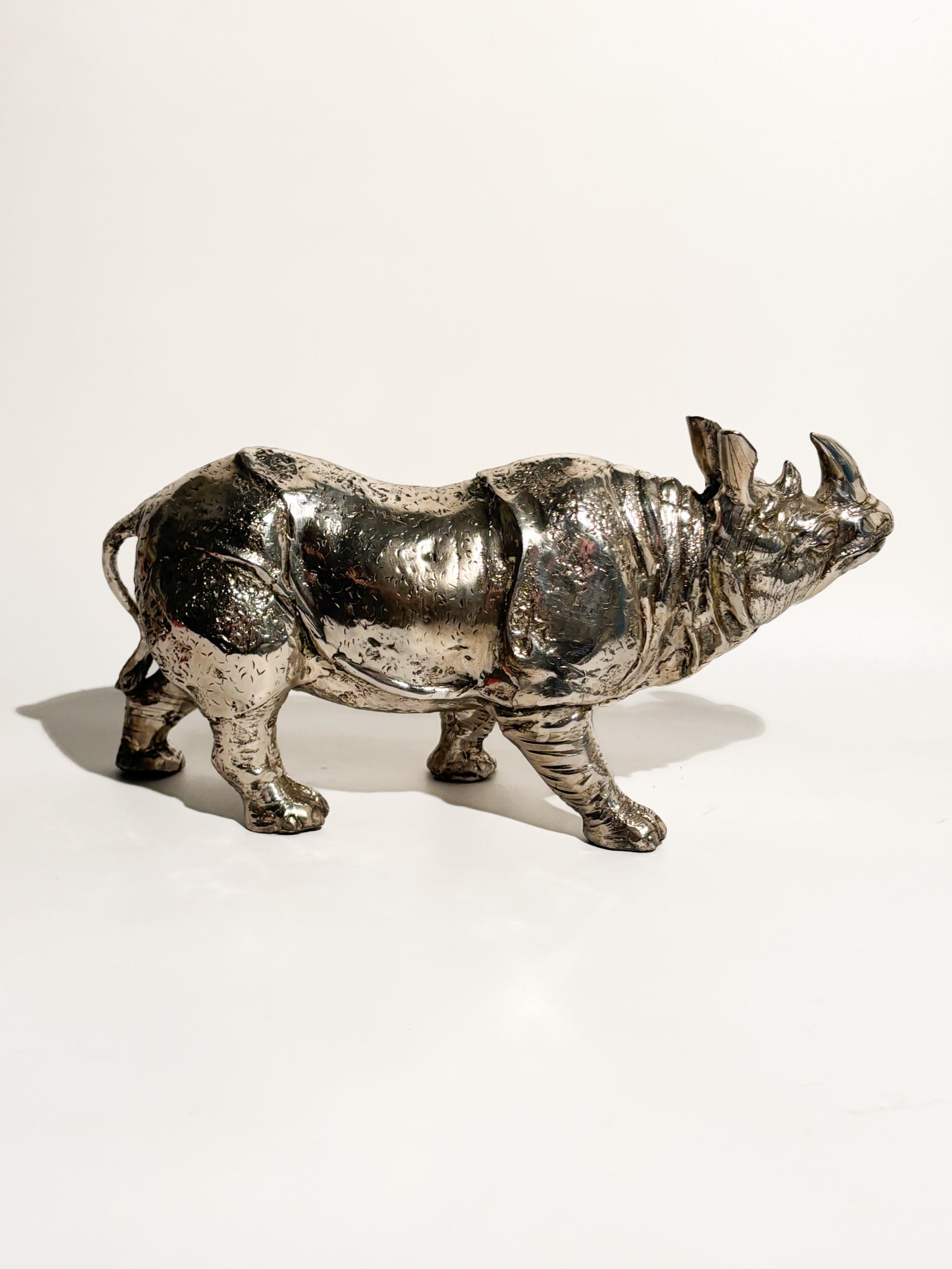 Silvered Metal Rhinoceros Sculpture 80s
