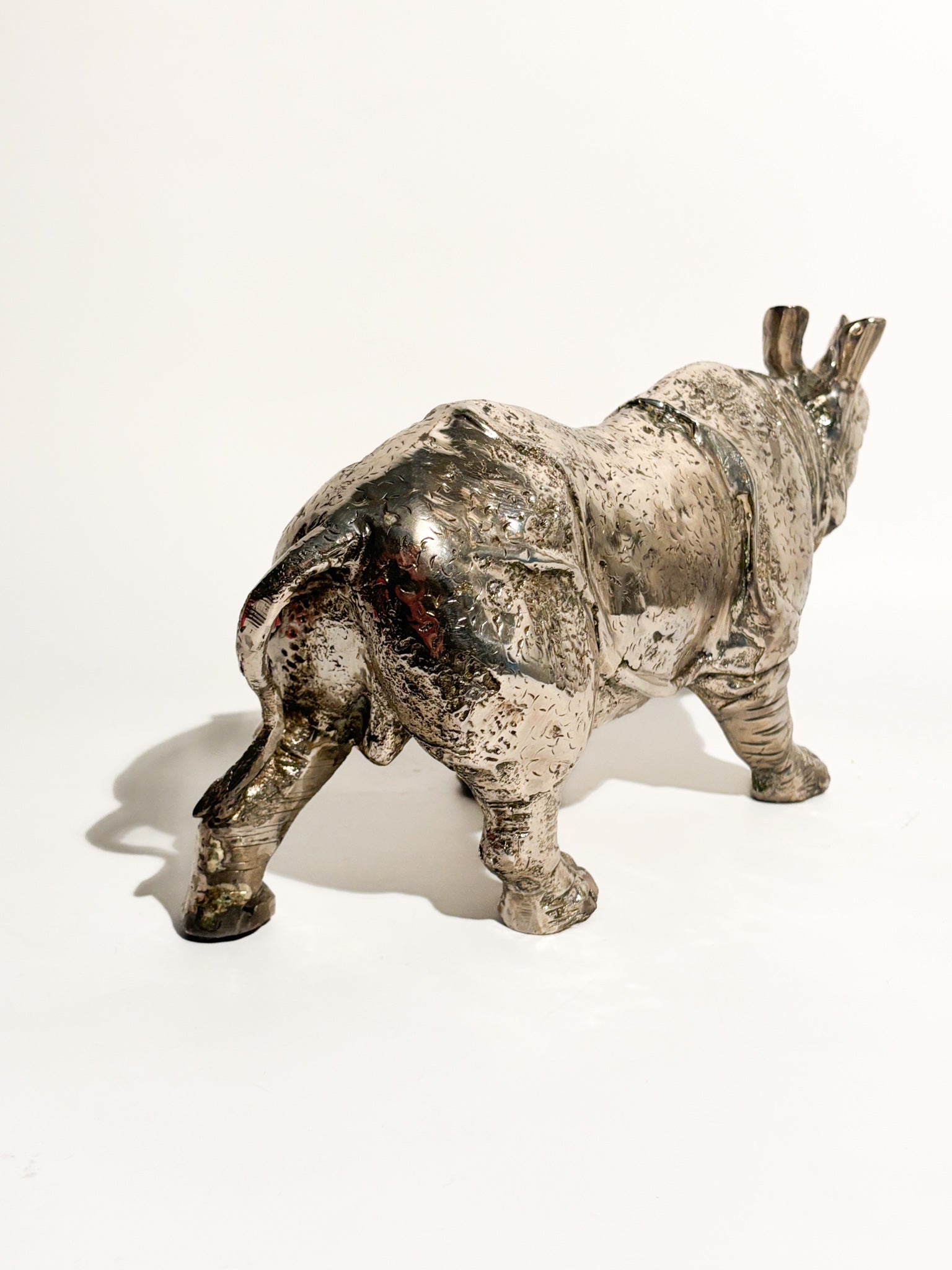 Silvered Metal Rhinoceros Sculpture 80s