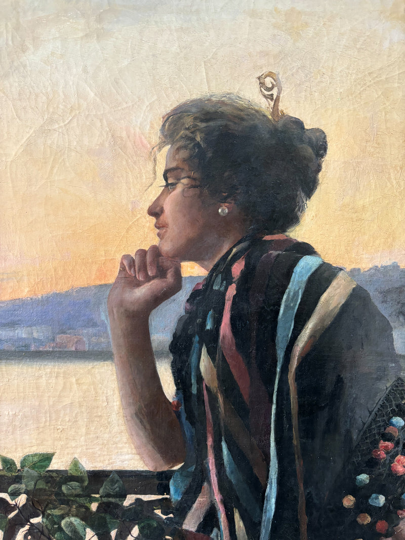 Dipinto Olio su Tela Ritratto Art Nouveau di Onofrio Ferrara Primi Novecento