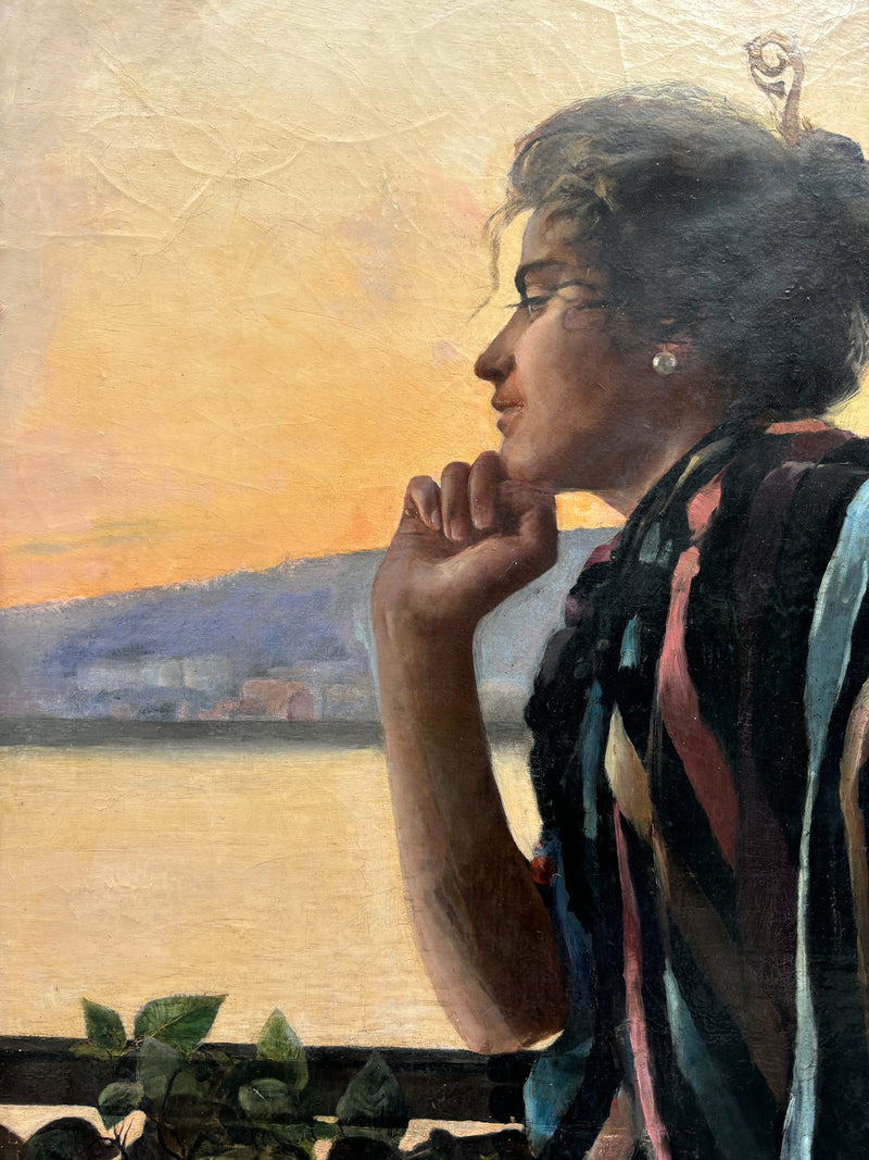 Dipinto Olio su Tela Ritratto Art Nouveau di Onofrio Ferrara Primi Novecento