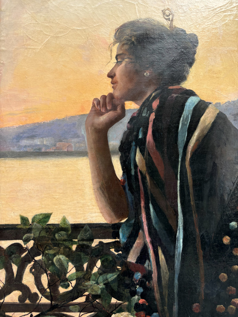 Dipinto Olio su Tela Ritratto Art Nouveau di Onofrio Ferrara Primi Novecento