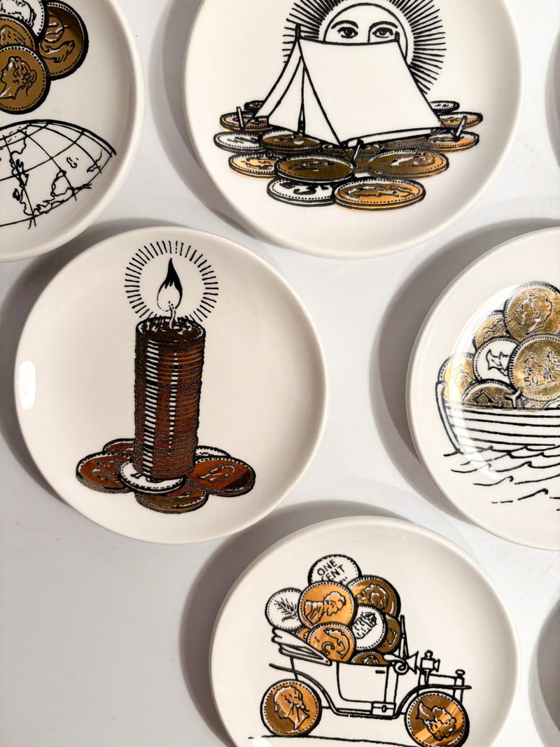 Set of Eight Fornasetti Coasters with 'Coins' Decoration for Banca Unione Milano from the 1960s