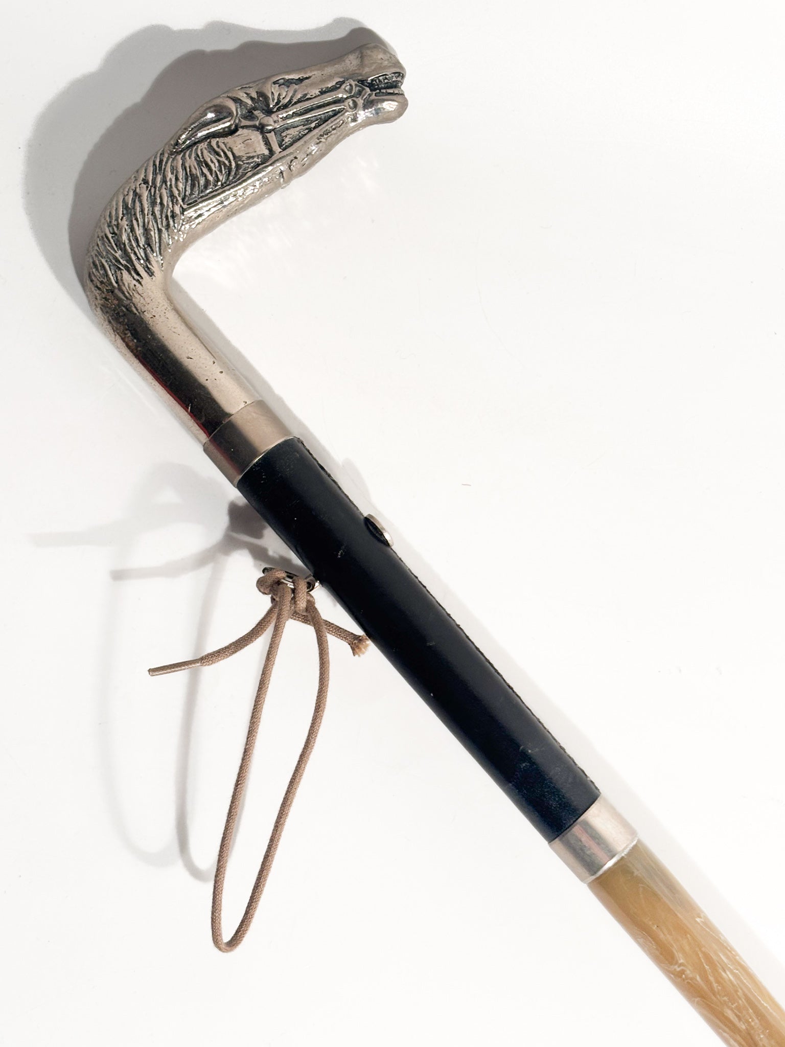 Gucci shoehorn with horse head in silver metal, leather, and resin, 80s