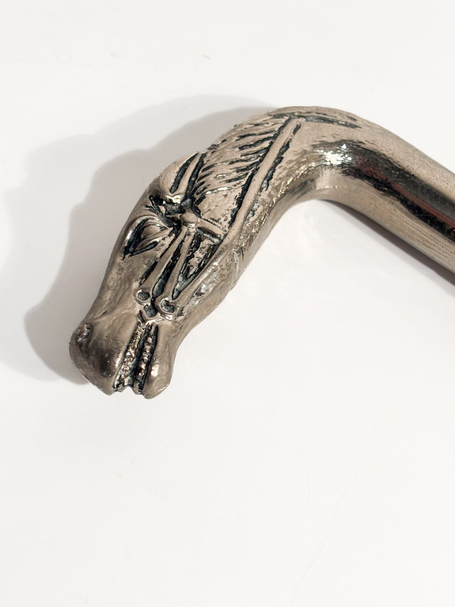 Gucci shoehorn with horse head in silver metal, leather, and resin, 80s
