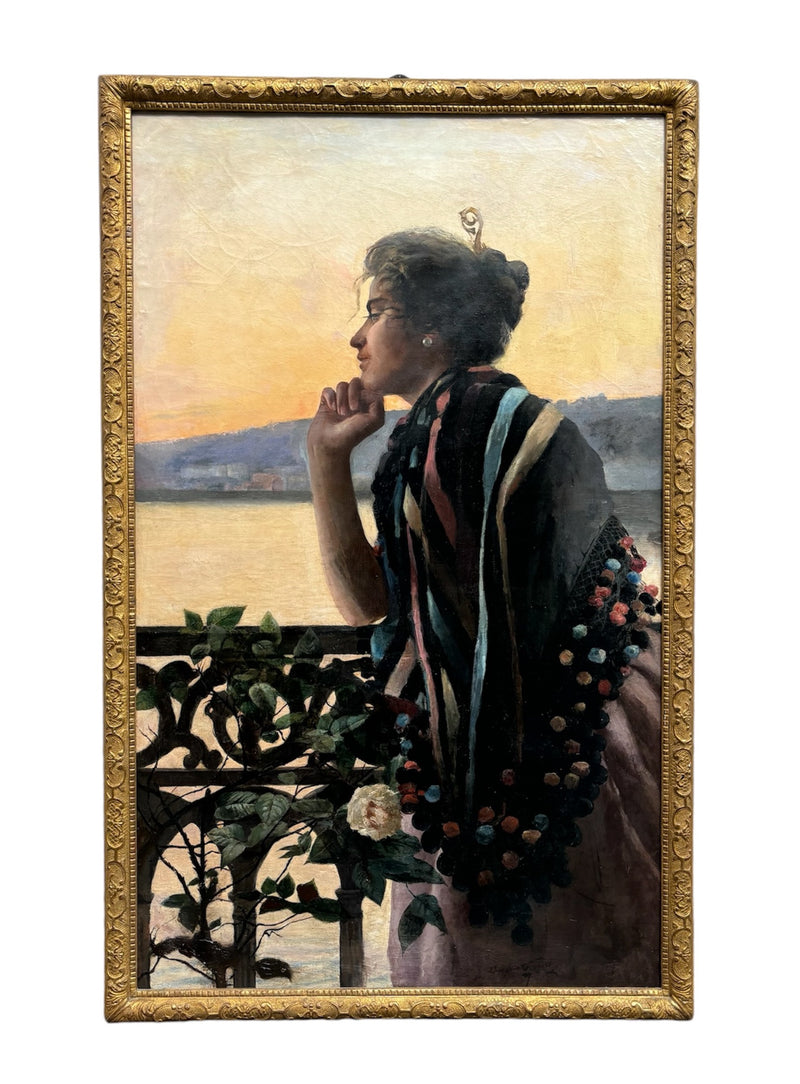 Dipinto Olio su Tela Ritratto Art Nouveau di Onofrio Ferrara Primi Novecento